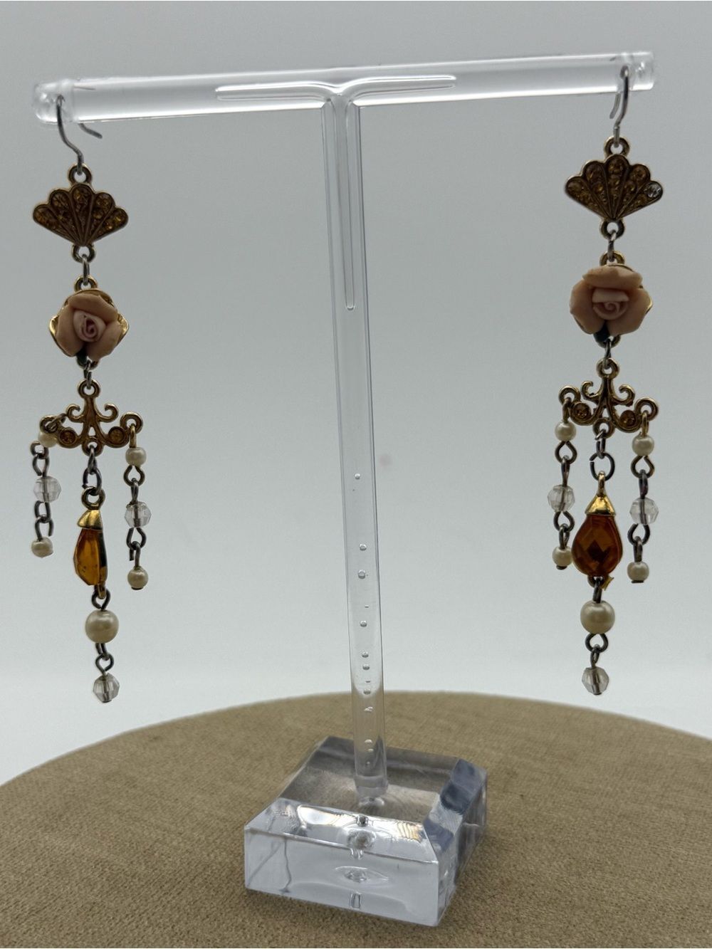 Vintage dangle old-tone Pink Rose Chandelier Earrings